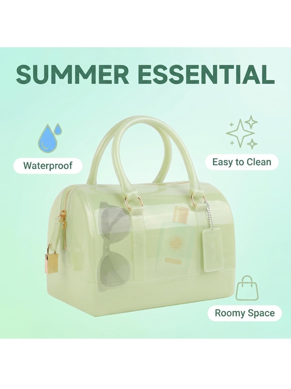 Ladies Summer Jelly Top Handle Handbag Avocado Color Transparent Crystal Purse - Picture 10 of 12